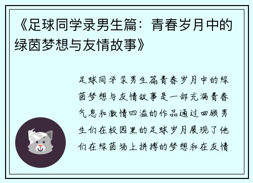 《足球同学录男生篇：青春岁月中的绿茵梦想与友情故事》