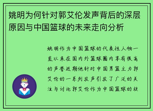 姚明为何针对郭艾伦发声背后的深层原因与中国篮球的未来走向分析